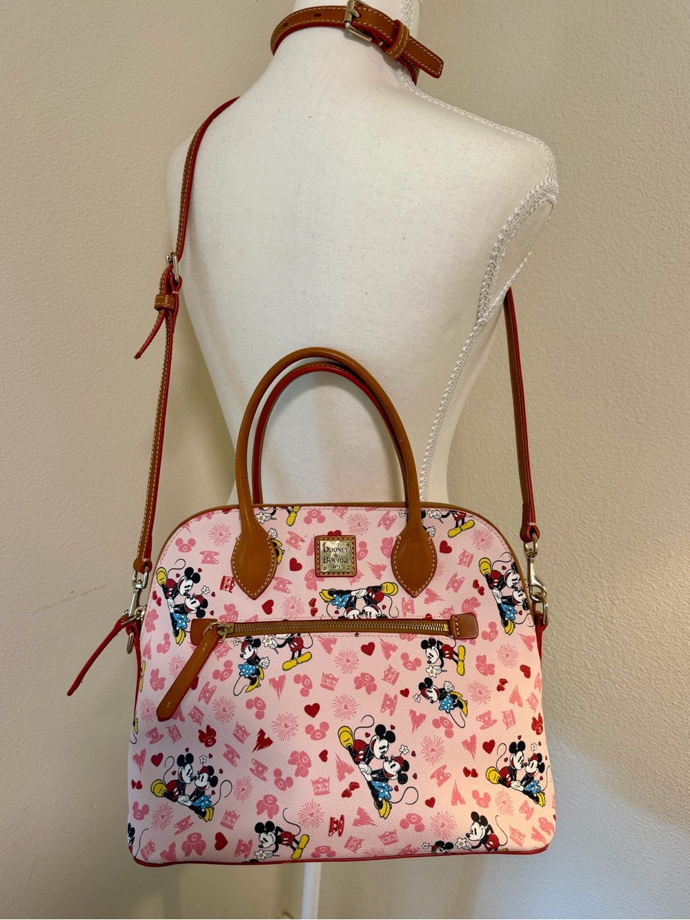 Dooney & Bourke Disney Mickey Mouse Print Satchel Purse Brown Trim Love Heart